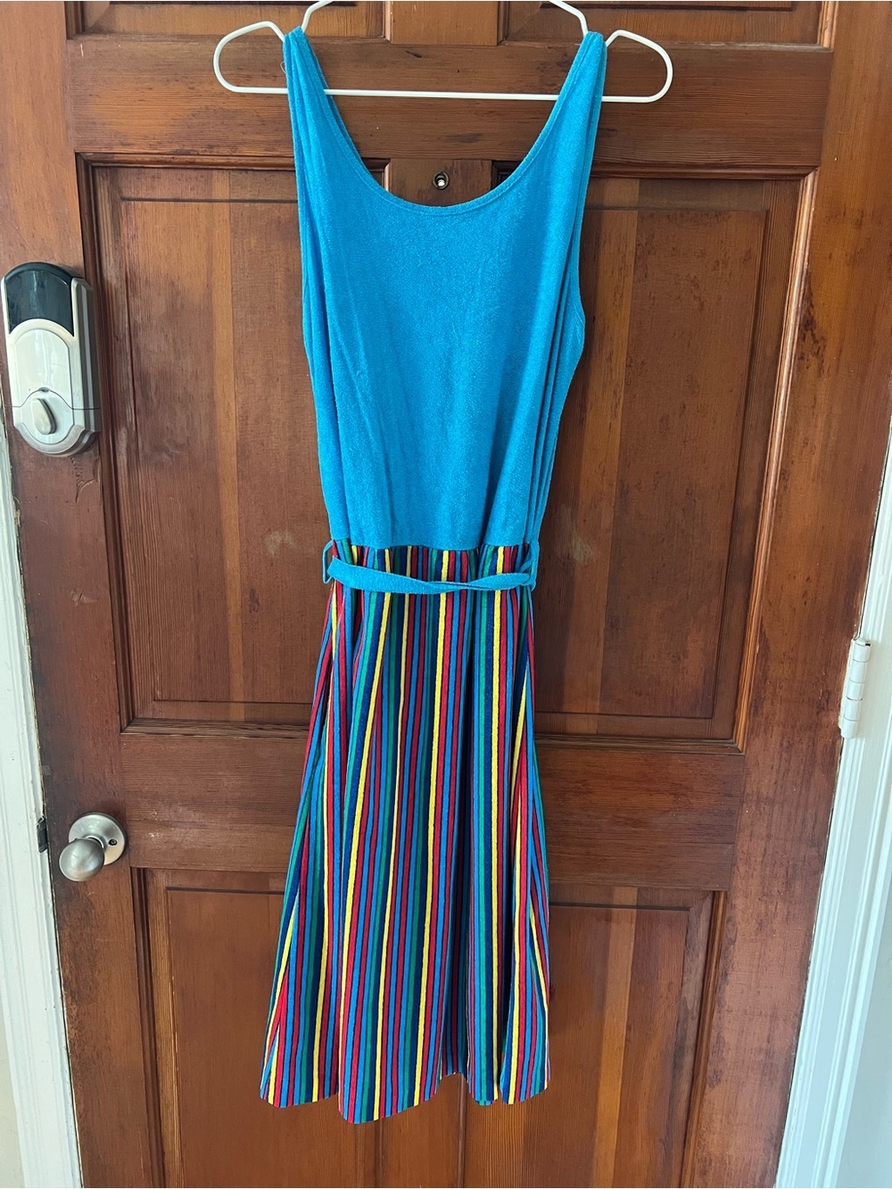 Vintage Colorblock Terry Cloth Sundress | Rainbow Stripe Resort Wear 80s 90s - Picture 5 of 8